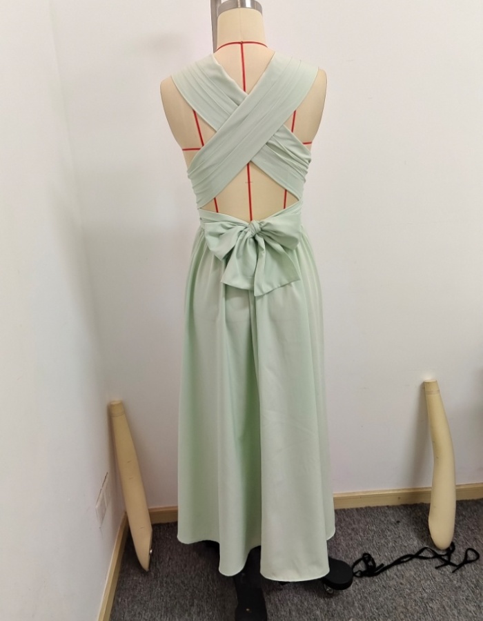 Long elegant bow V-neck pure dress