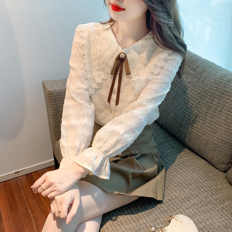 Autumn bow lace chiffon shirt sweet doll collar shirt