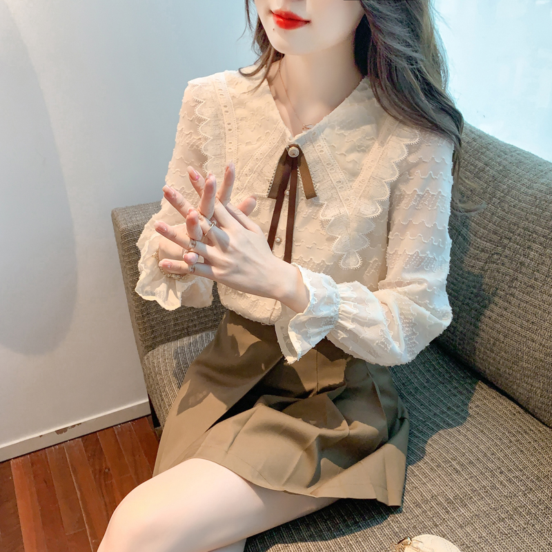 Autumn bow lace chiffon shirt sweet doll collar shirt