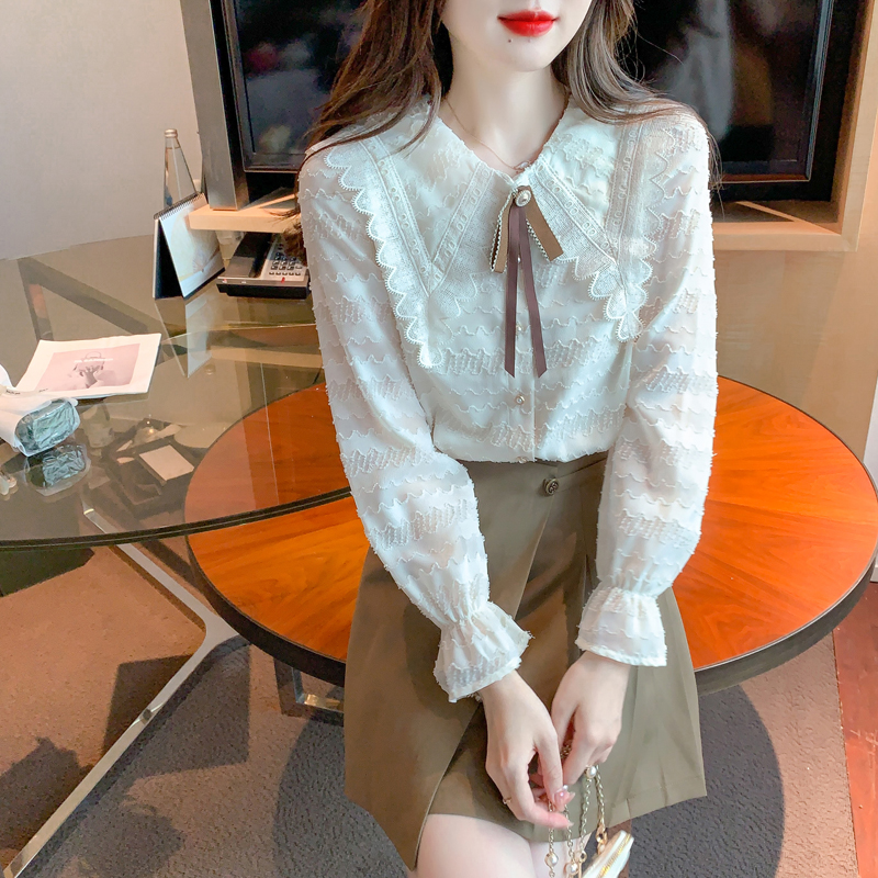 Autumn bow lace chiffon shirt sweet doll collar shirt