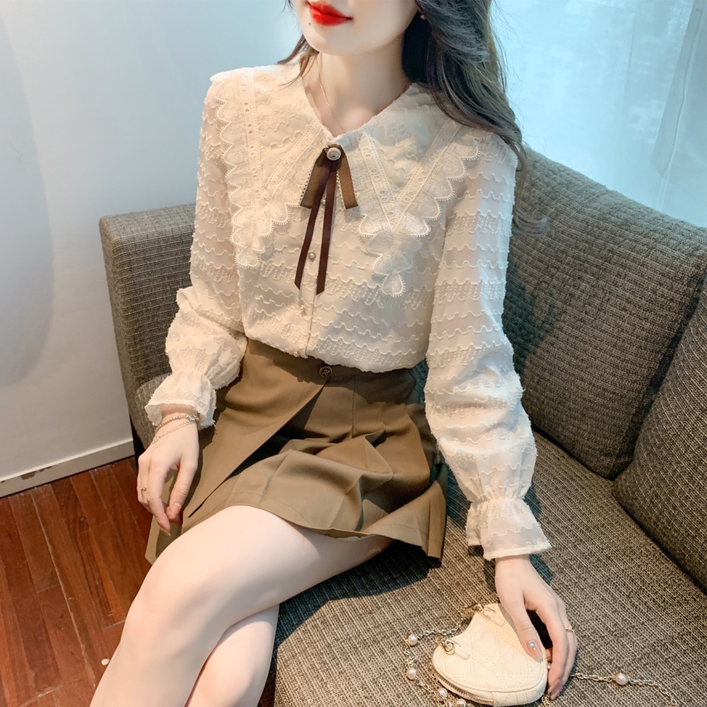 Autumn bow lace chiffon shirt sweet doll collar shirt