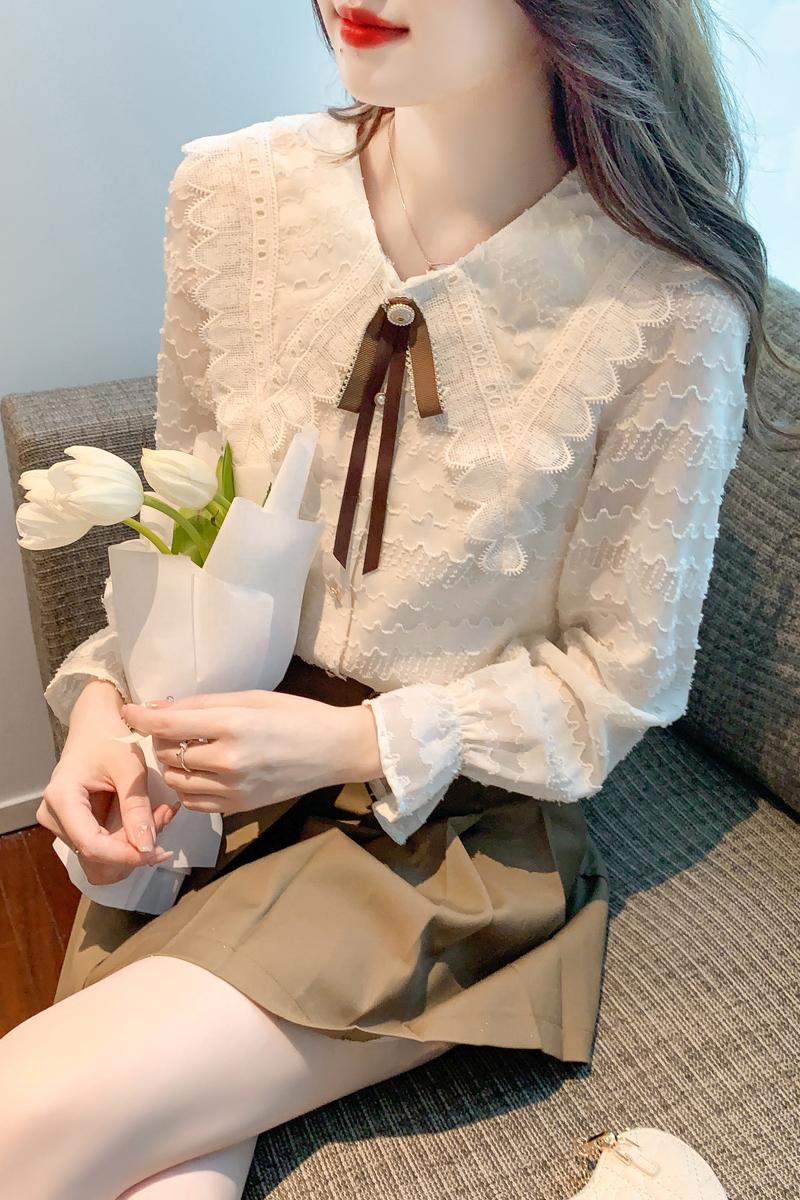 Autumn bow lace chiffon shirt sweet doll collar shirt
