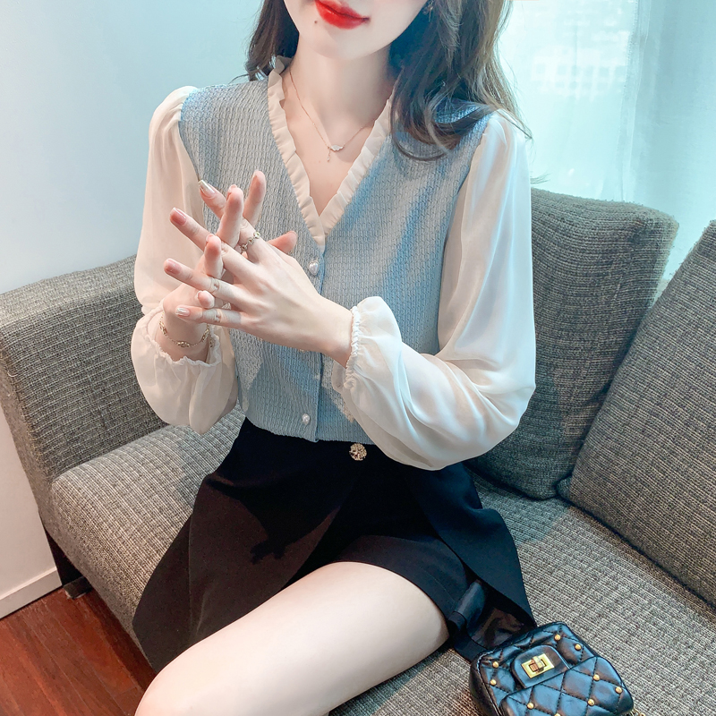 All-match Western style shirt V-neck tops for women