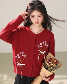 Embroidery bow colors long sleeve round neck autumn sweater