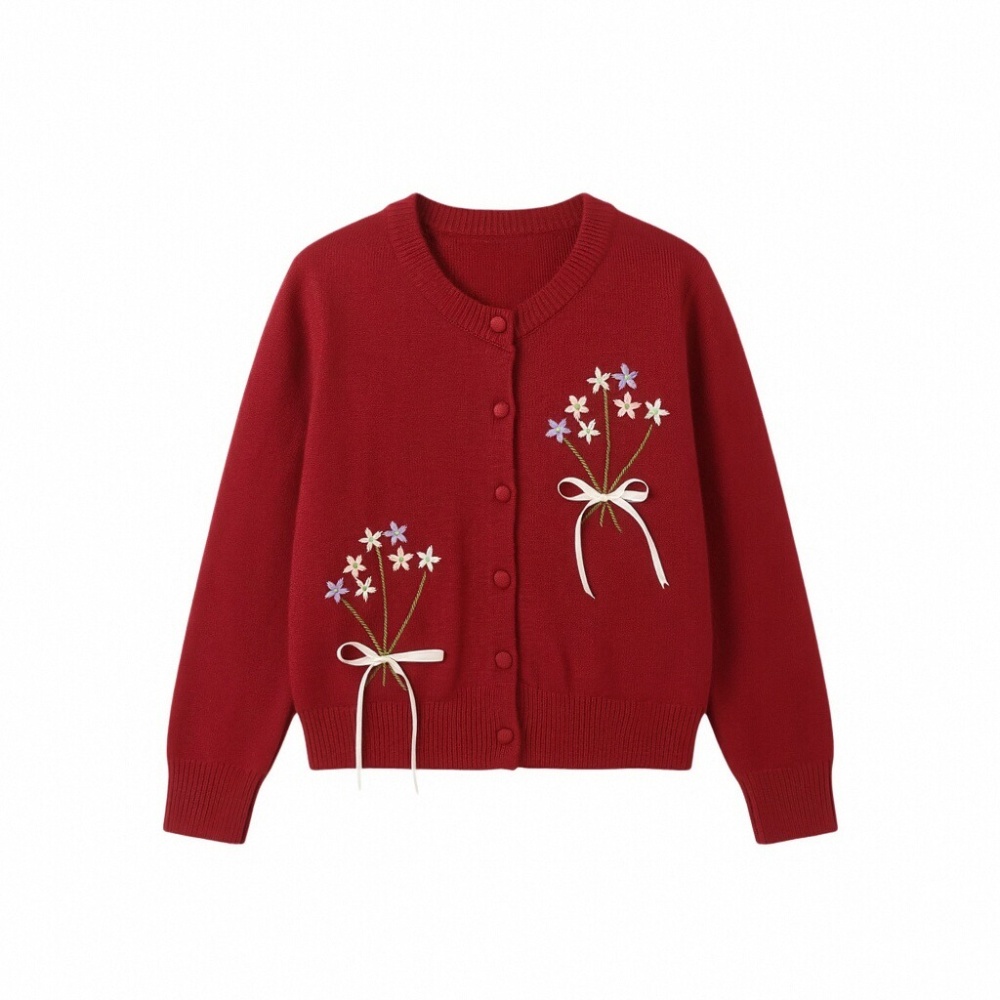 Embroidery bow colors long sleeve round neck autumn sweater