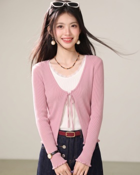 College style thin coat pink twist cardigan for women