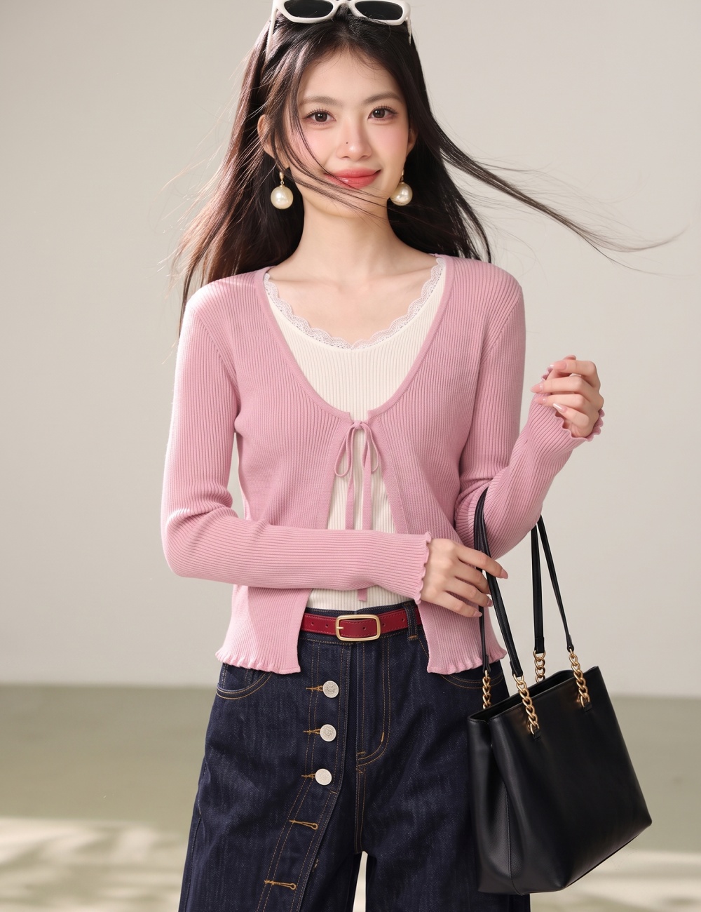 College style thin coat pink twist cardigan for women