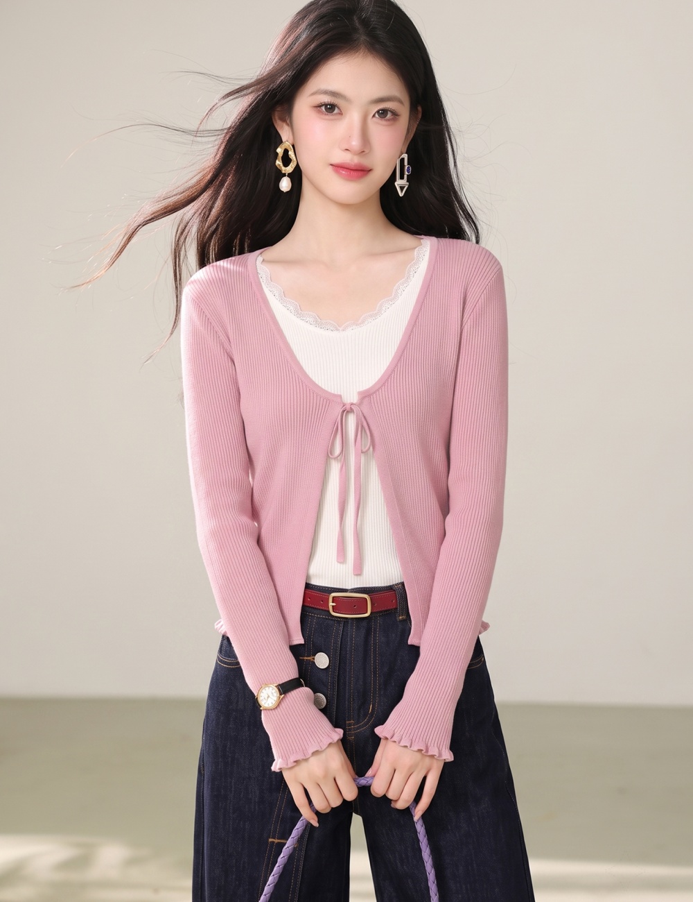College style thin coat pink twist cardigan for women