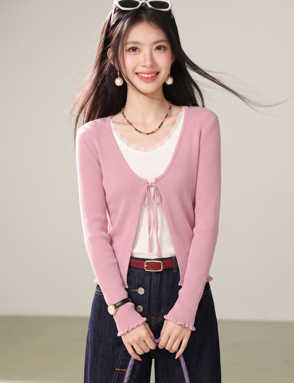 College style thin coat pink twist cardigan for women