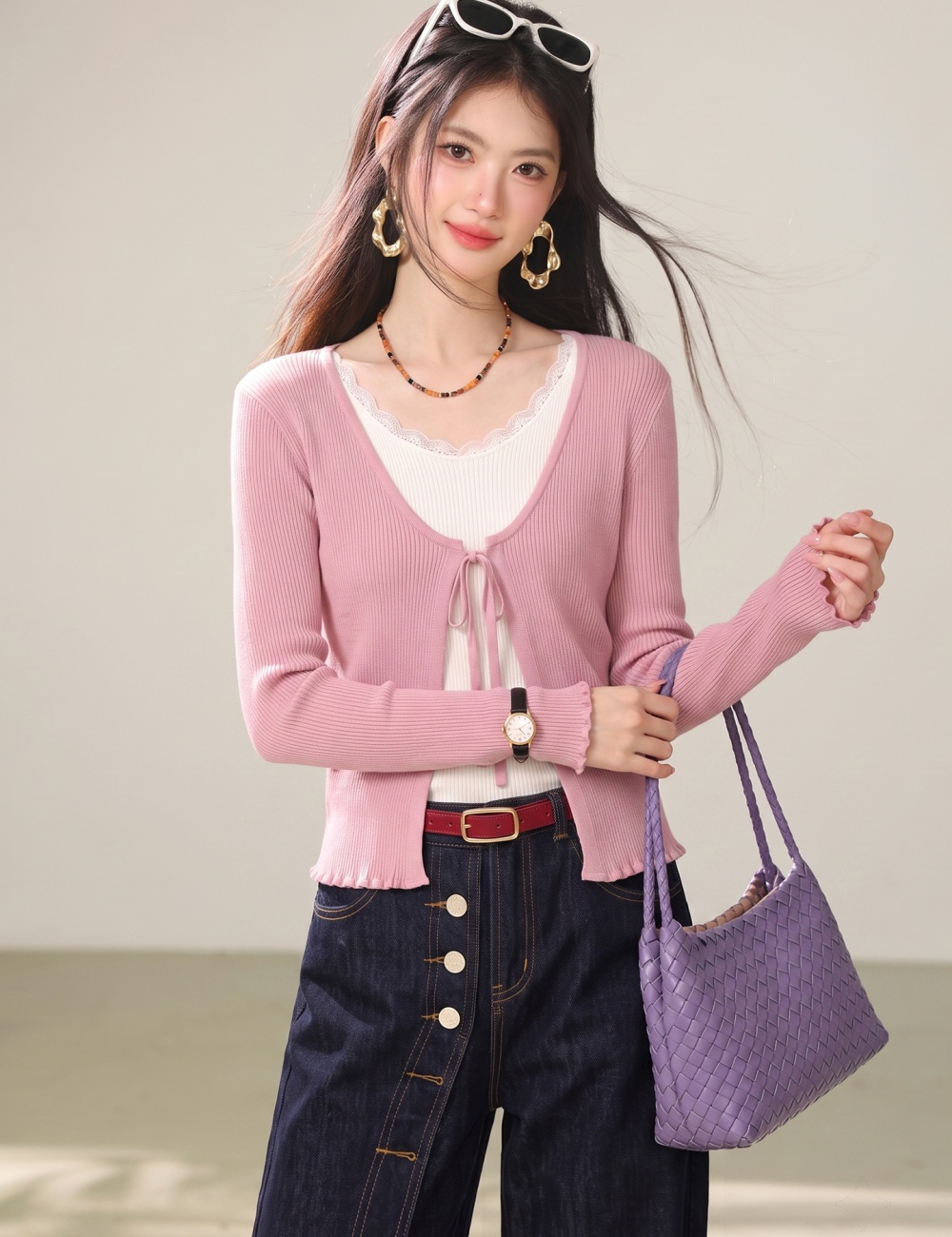 College style thin coat pink twist cardigan for women
