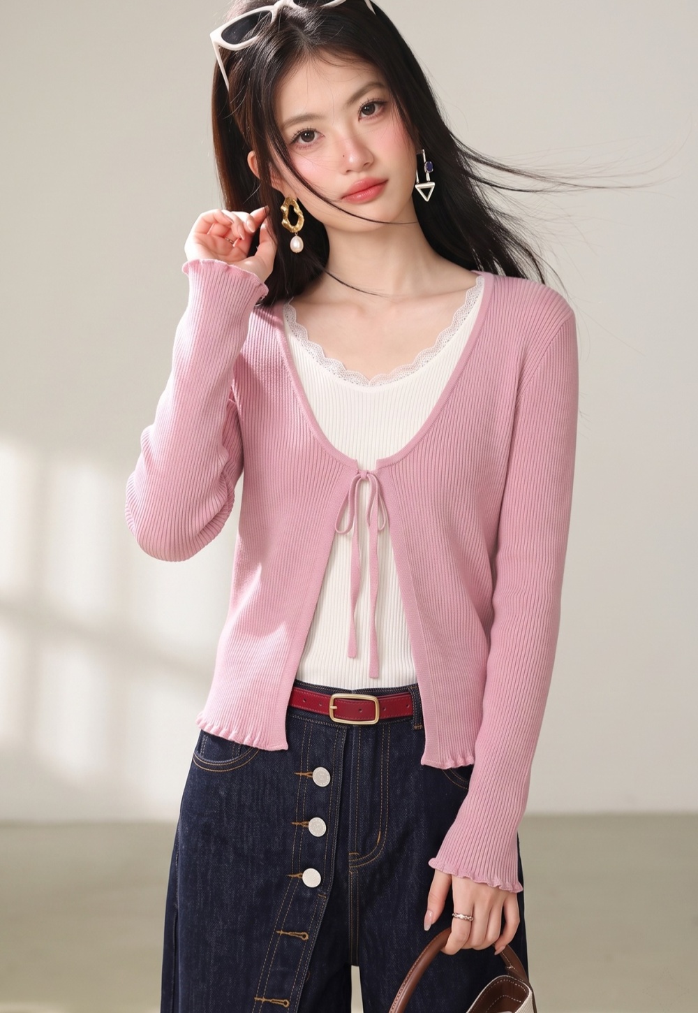College style thin coat pink twist cardigan for women
