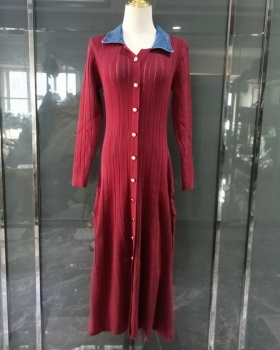 Autumn and winter denim dress knitted long dress
