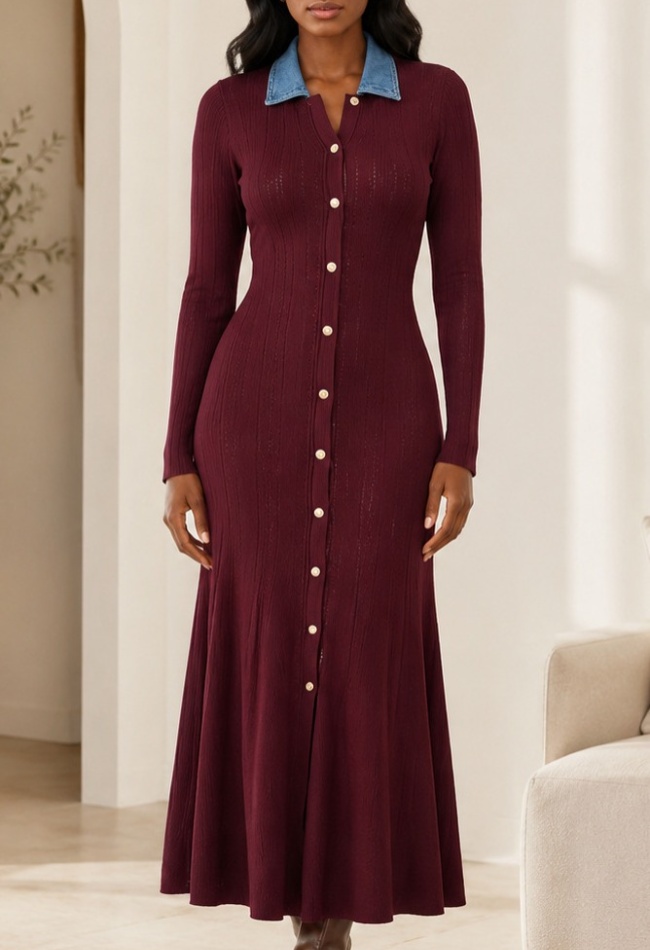 Autumn and winter denim dress knitted long dress