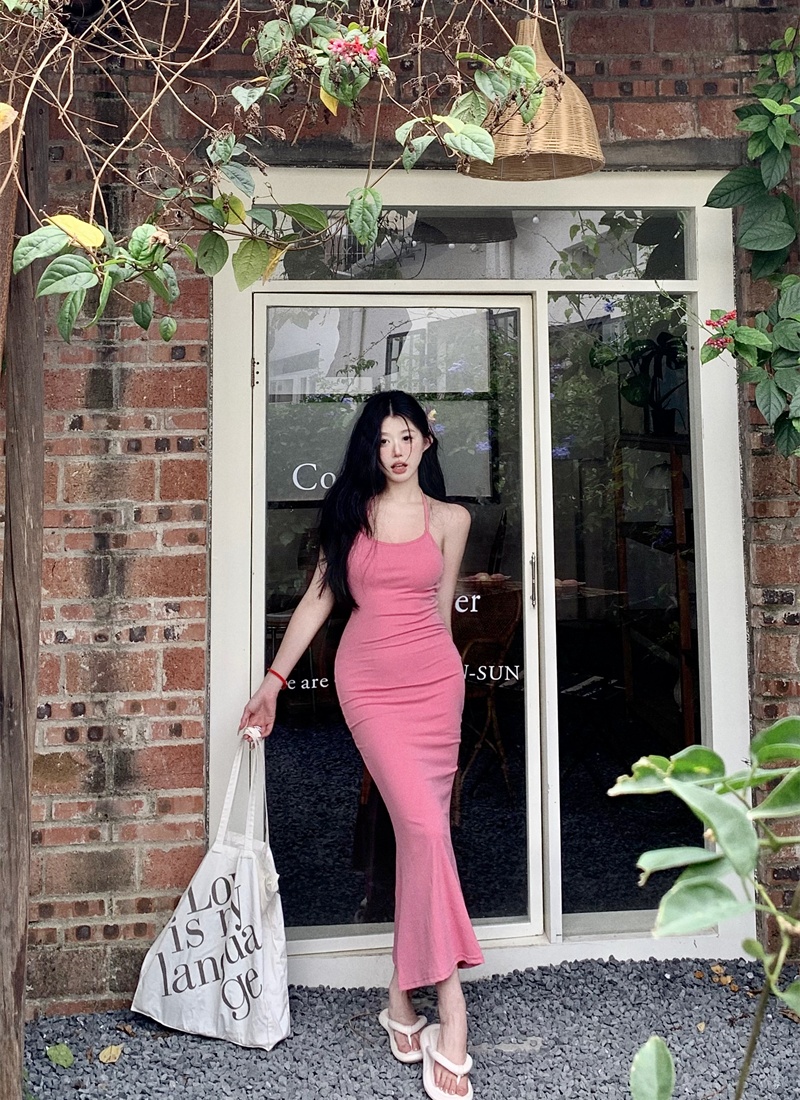 Halter with chest pad slim tender package hip dress for women