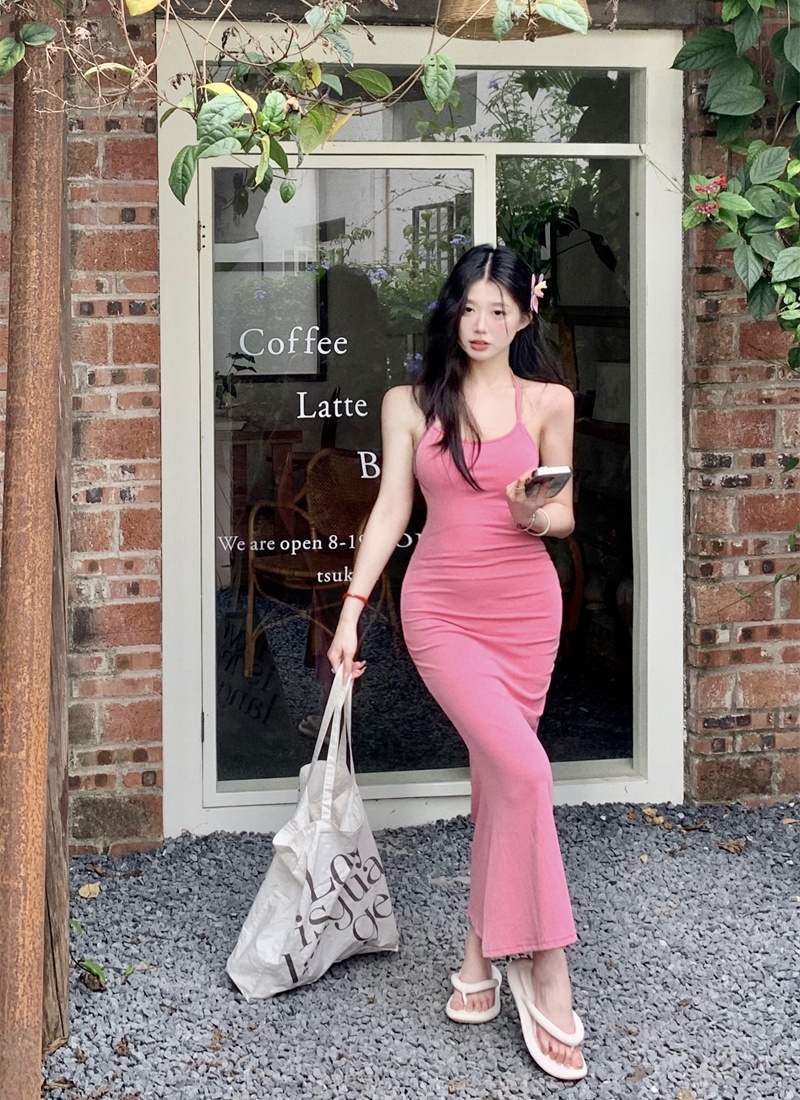 Halter with chest pad slim tender package hip dress for women