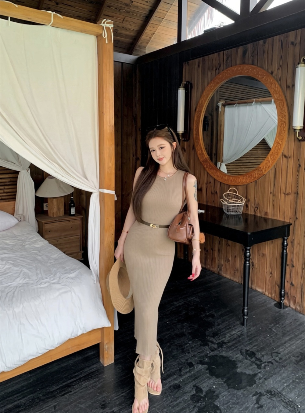 Slim with belt vest temperament knitted dress