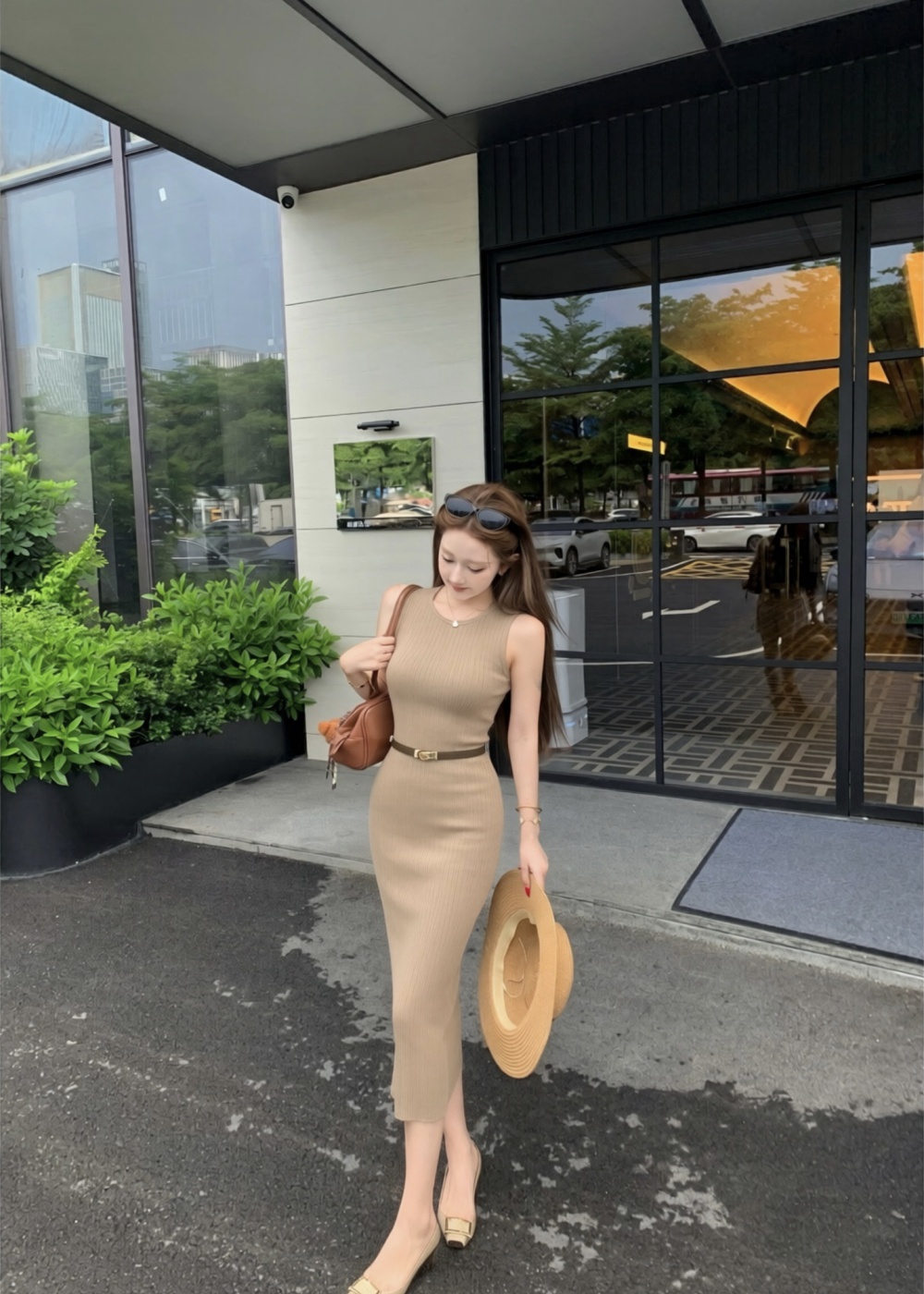 Slim with belt vest temperament knitted dress