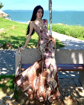 Gauze pinched waist long dress hand-painted niche vest