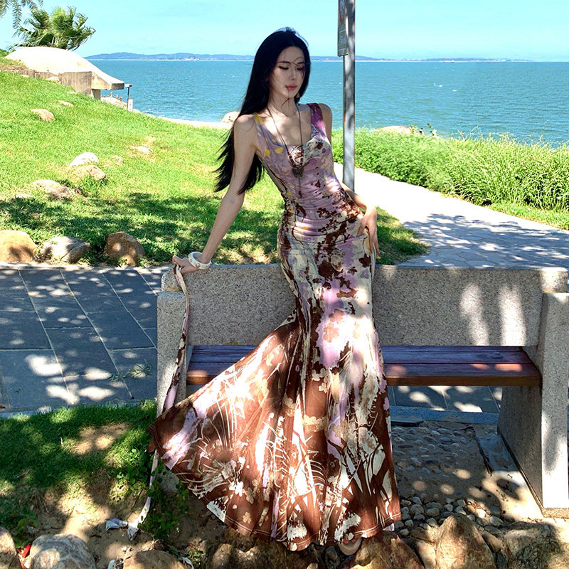 Gauze pinched waist long dress hand-painted niche vest