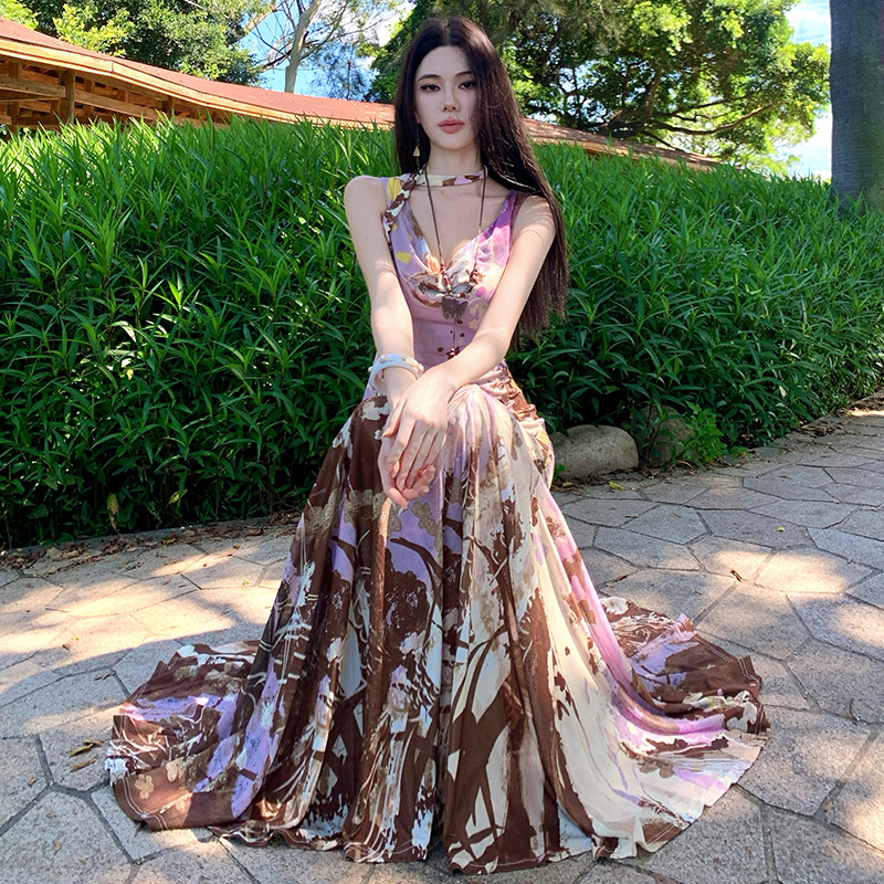 Gauze pinched waist long dress hand-painted niche vest