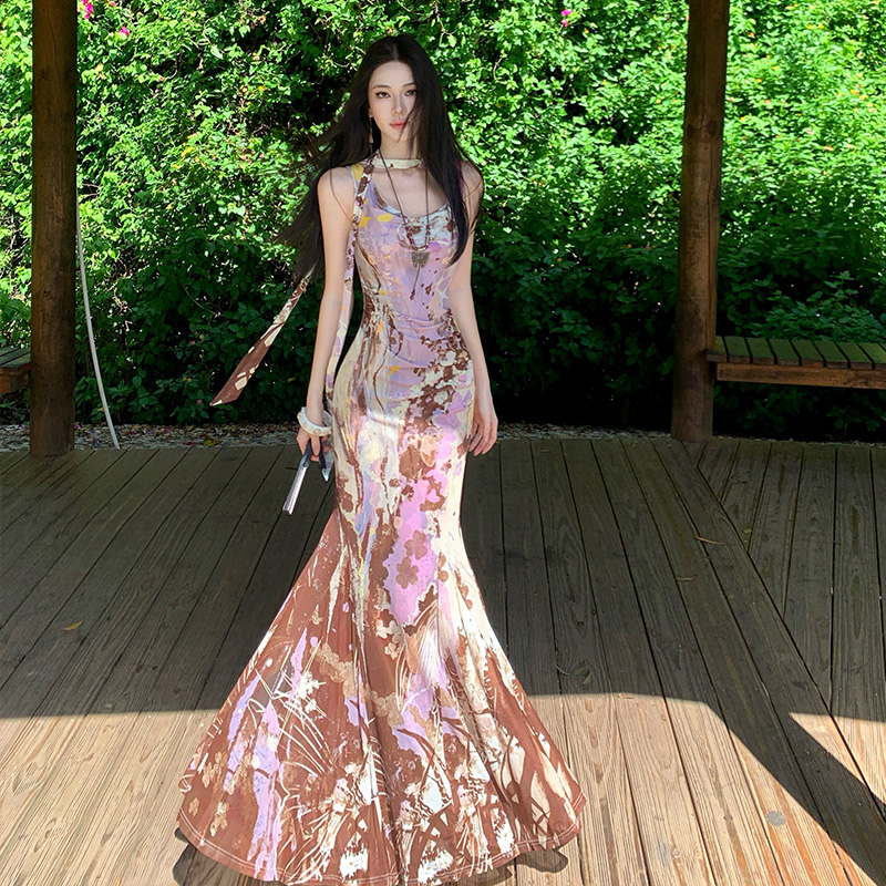 Gauze pinched waist long dress hand-painted niche vest