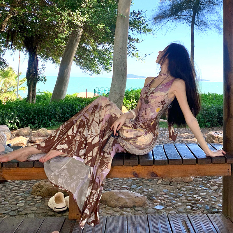 Gauze pinched waist long dress hand-painted niche vest