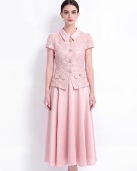Lapel with belt dress big skirt lace formal dress