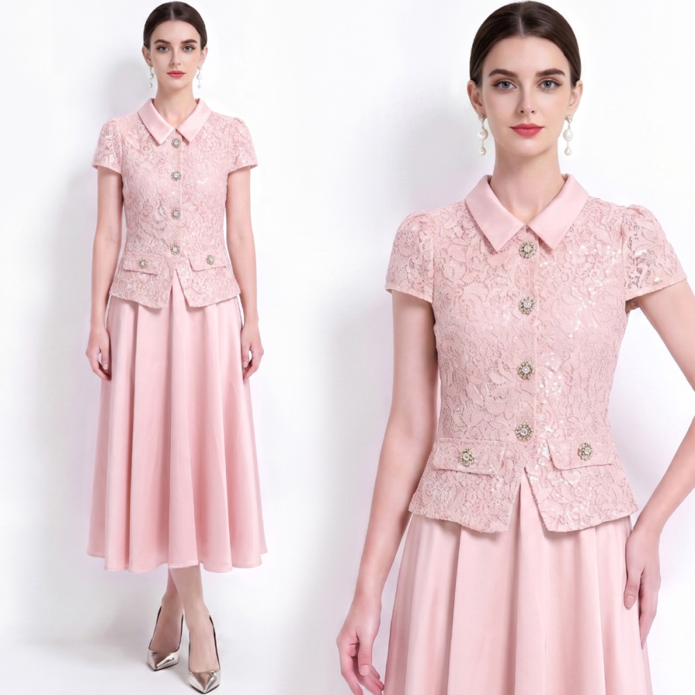 Lapel with belt dress big skirt lace formal dress