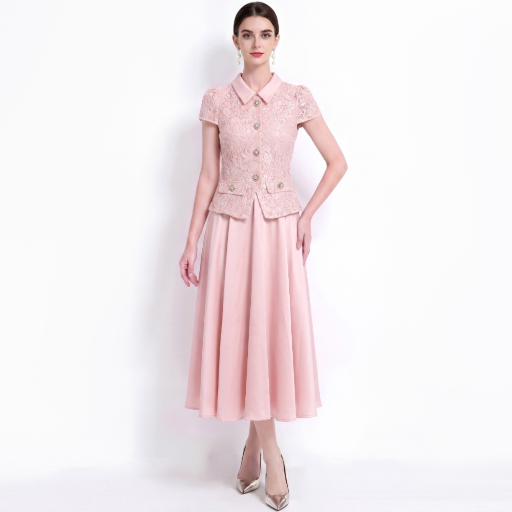Lapel with belt dress big skirt lace formal dress