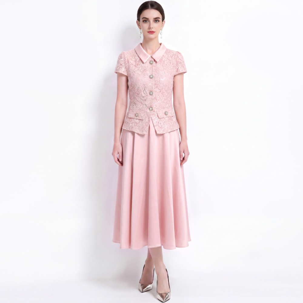 Lapel with belt dress big skirt lace formal dress
