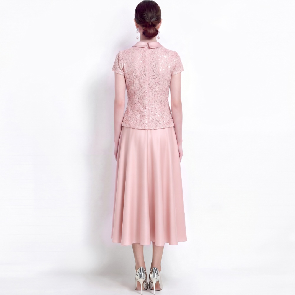 Lapel with belt dress big skirt lace formal dress