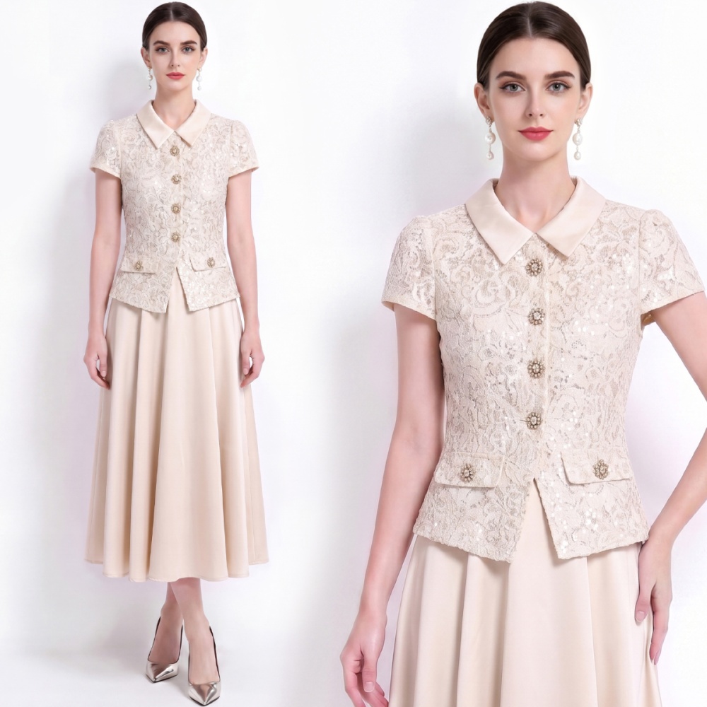 France style single-breasted formal dress with belt dress
