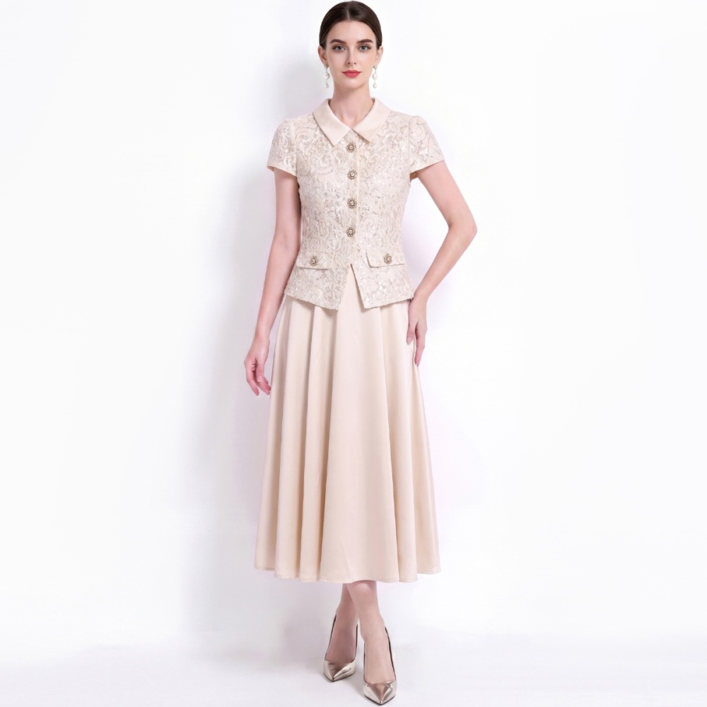 France style single-breasted formal dress with belt dress