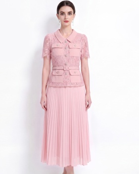Pseudo-two high waist lapel slim chanelstyle dress