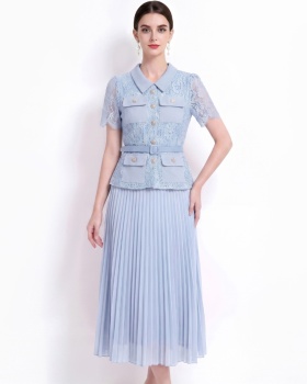With belt lapel France style long Pseudo-two dress