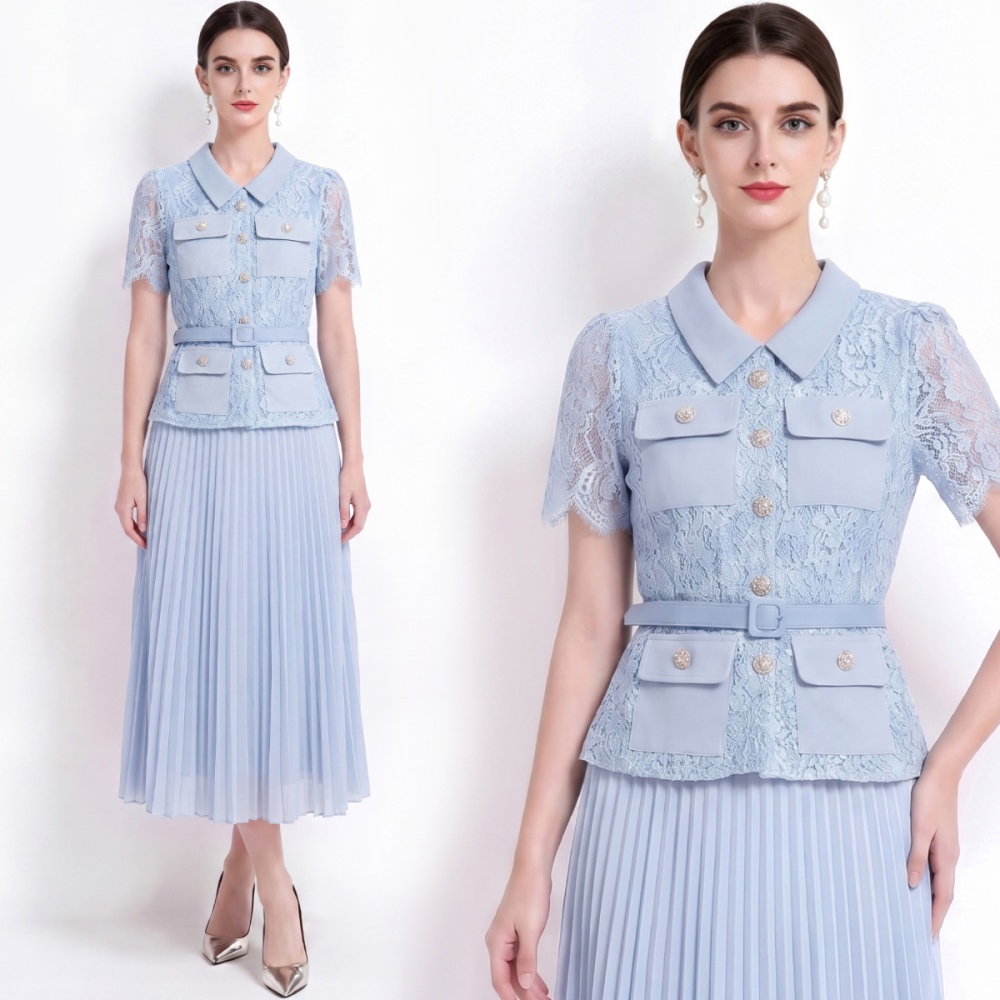 With belt lapel France style long Pseudo-two dress