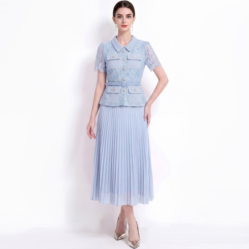 With belt lapel France style long Pseudo-two dress