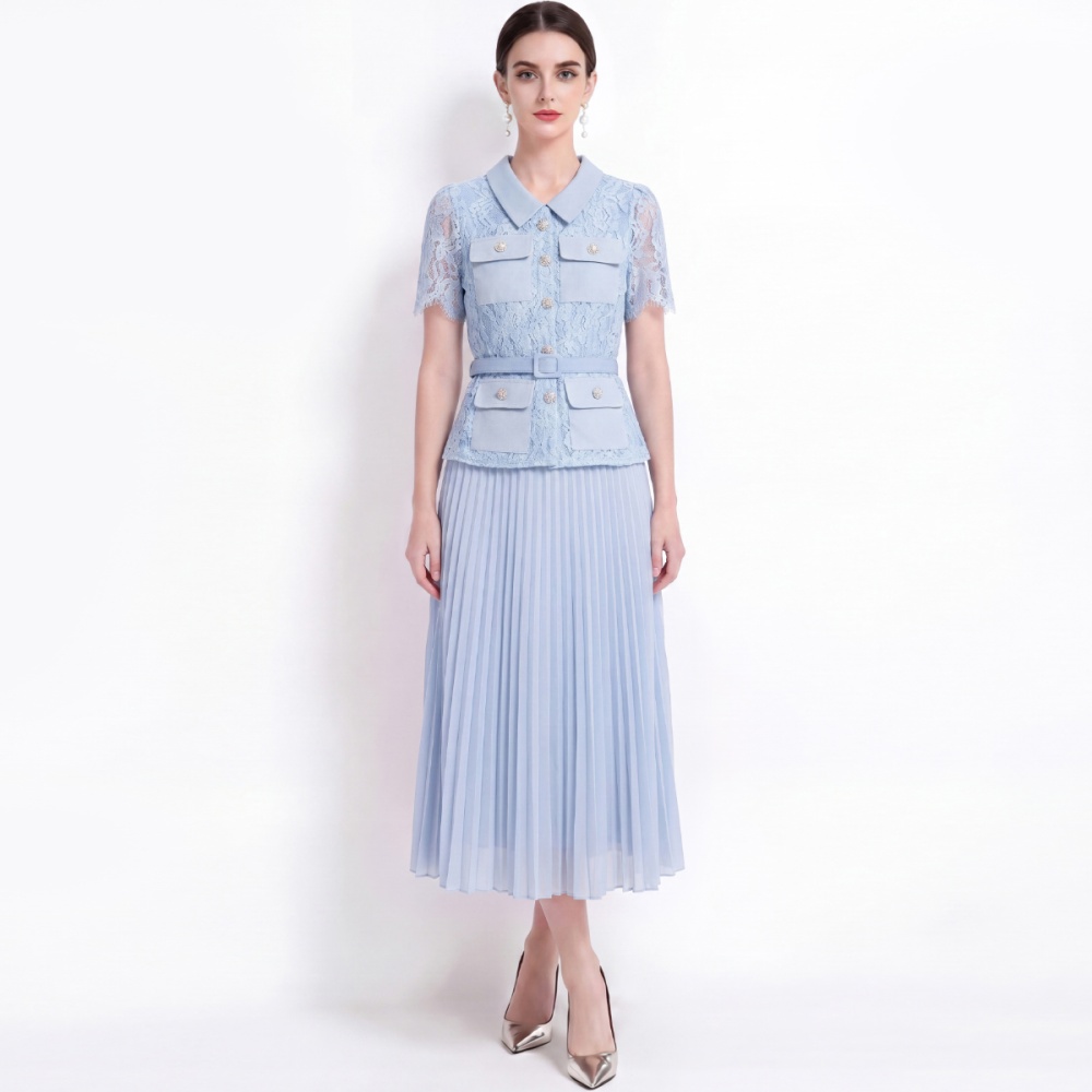 With belt lapel France style long Pseudo-two dress