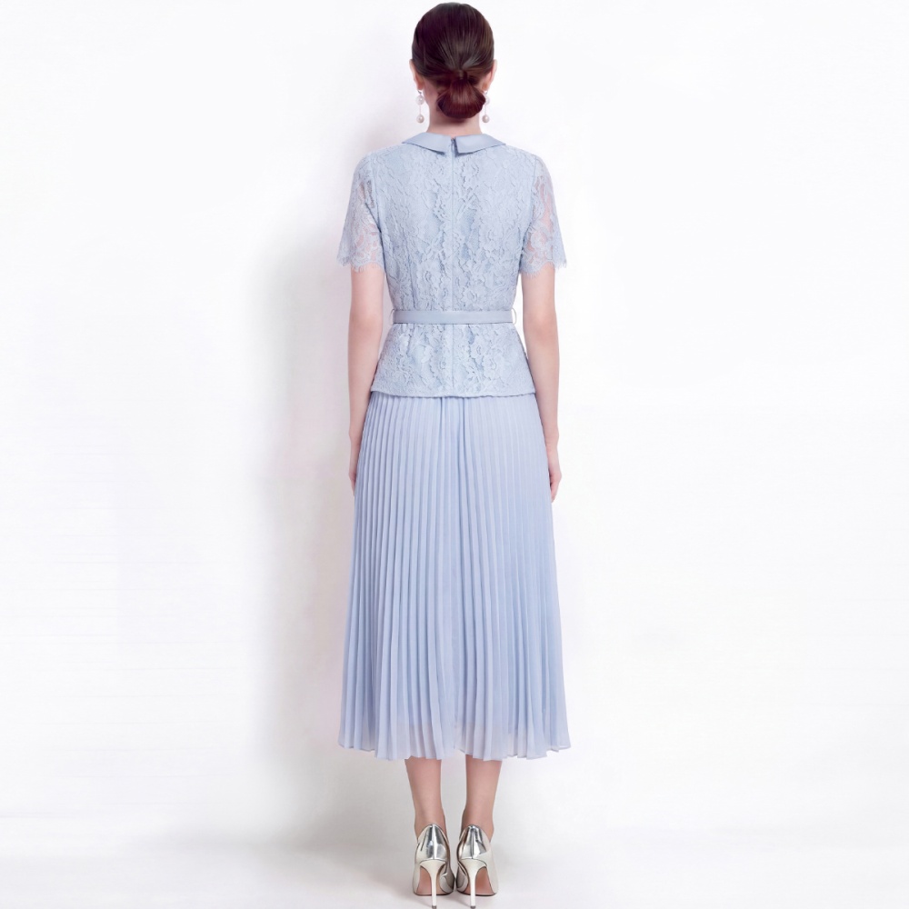 With belt lapel France style long Pseudo-two dress
