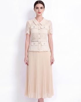 Lace long pleated France style with belt dress