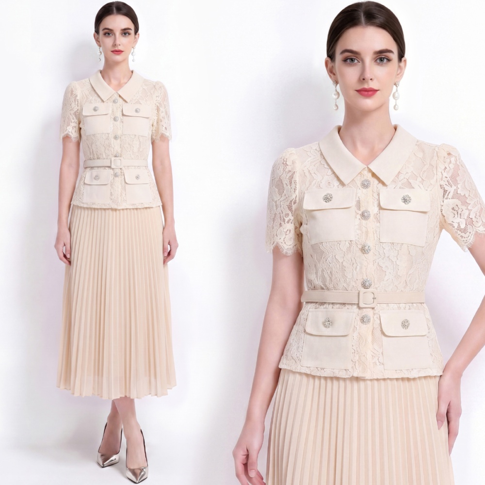 Lace long pleated France style with belt dress