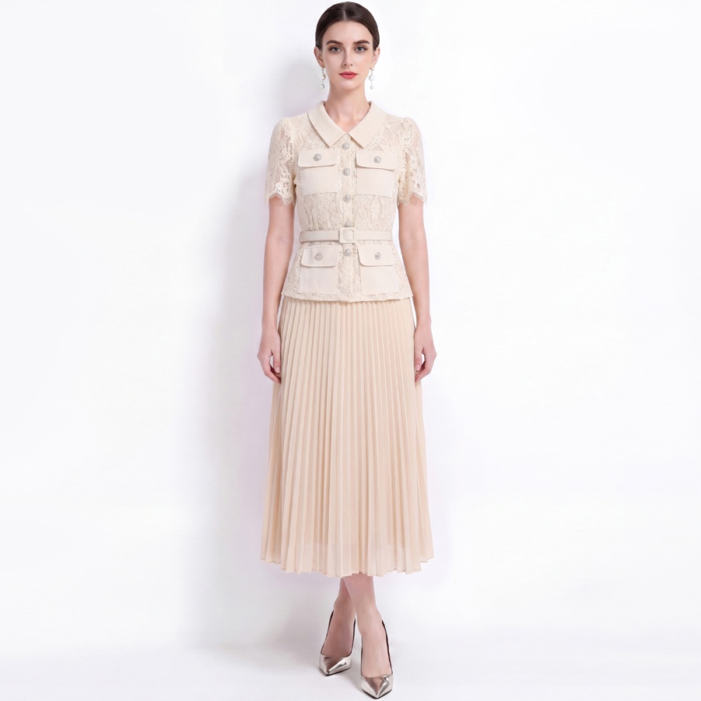 Lace long pleated France style with belt dress