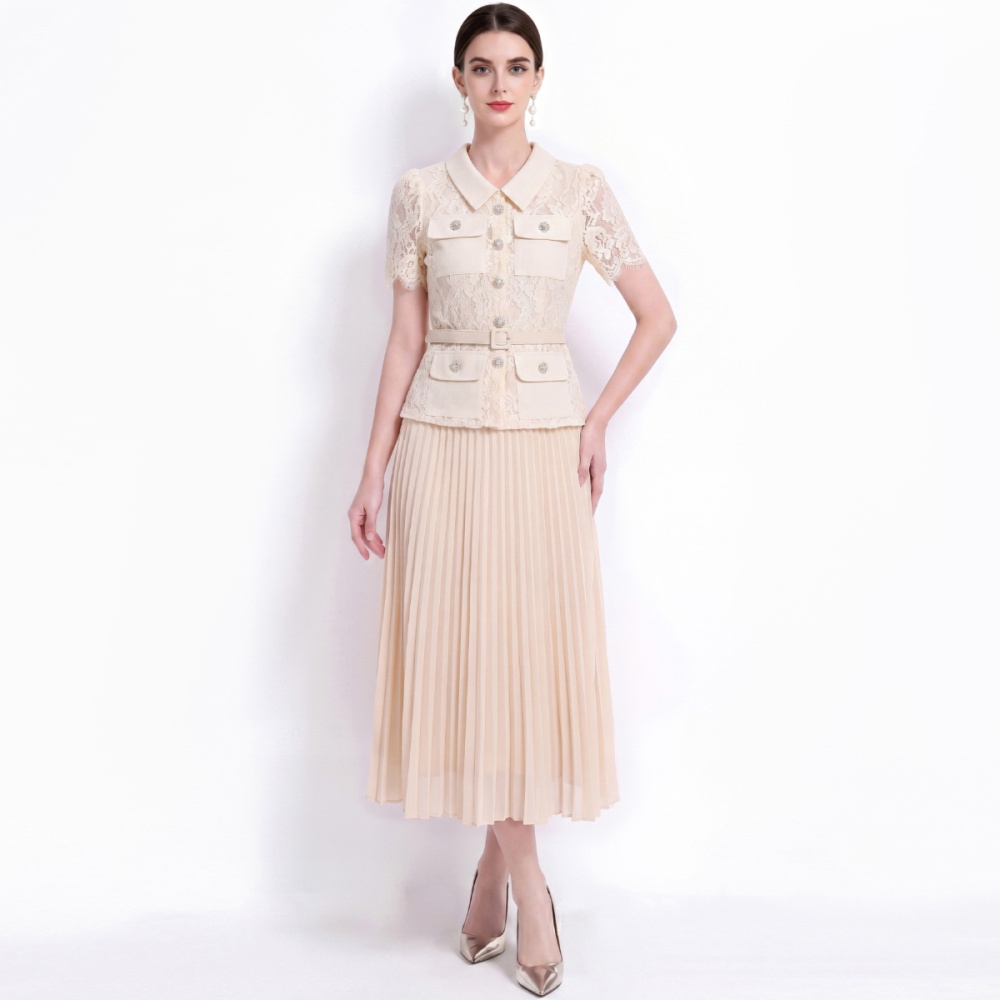 Lace long pleated France style with belt dress
