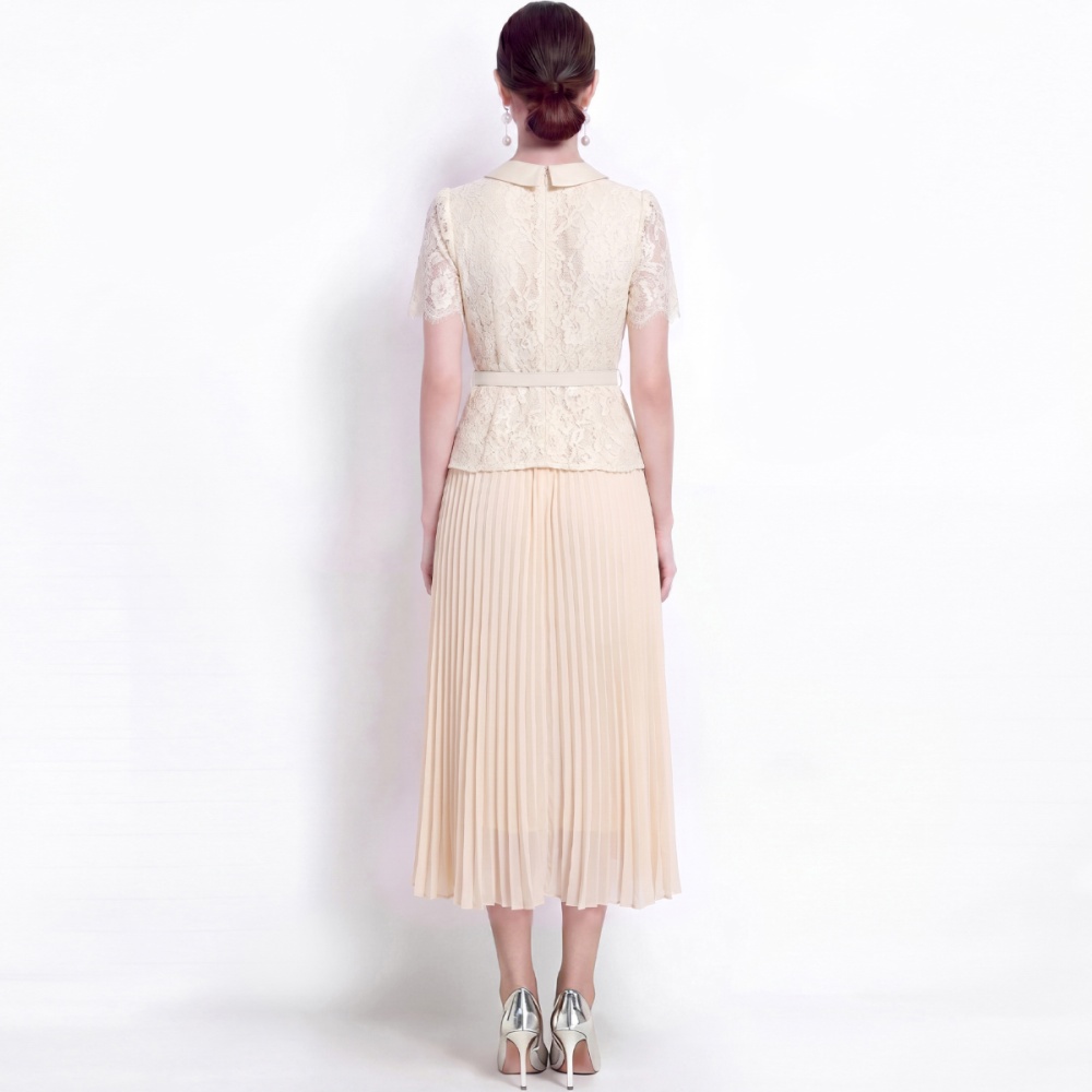 Lace long pleated France style with belt dress