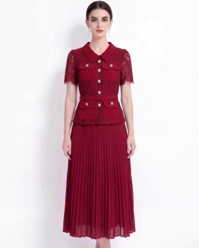 Pleated slim lapel France style with belt dress