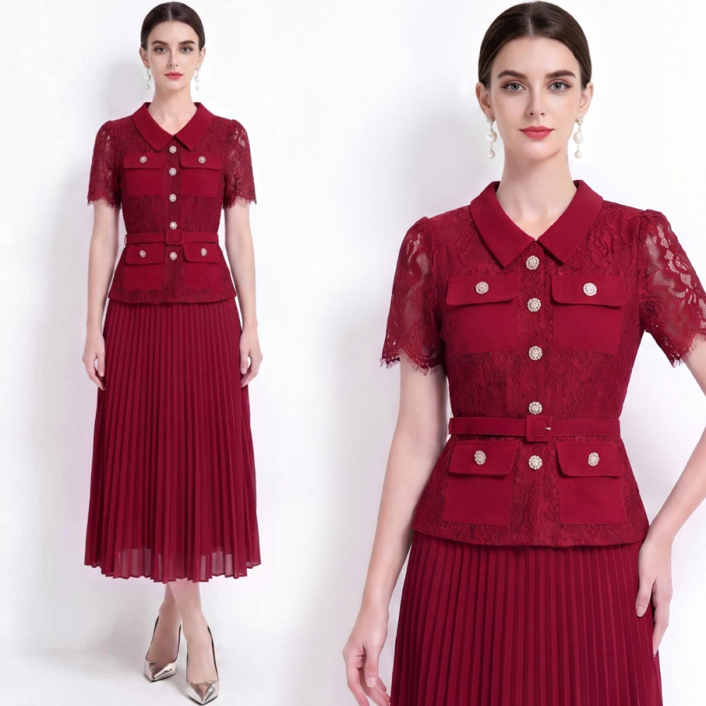 Pleated slim lapel France style with belt dress