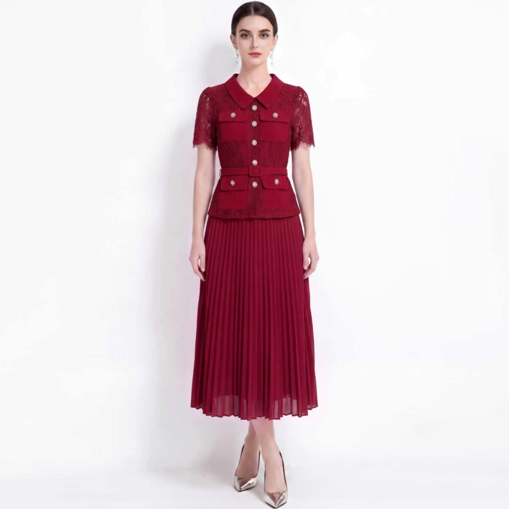 Pleated slim lapel France style with belt dress