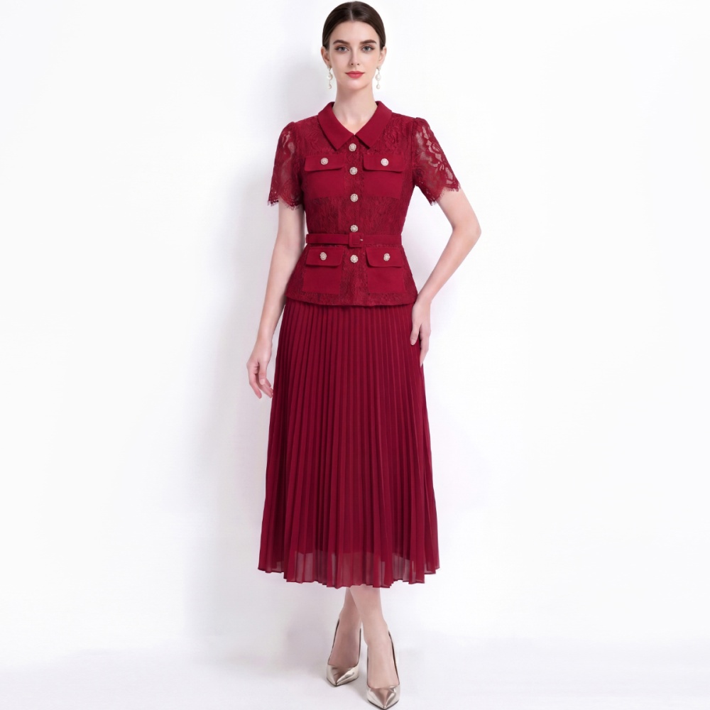 Pleated slim lapel France style with belt dress