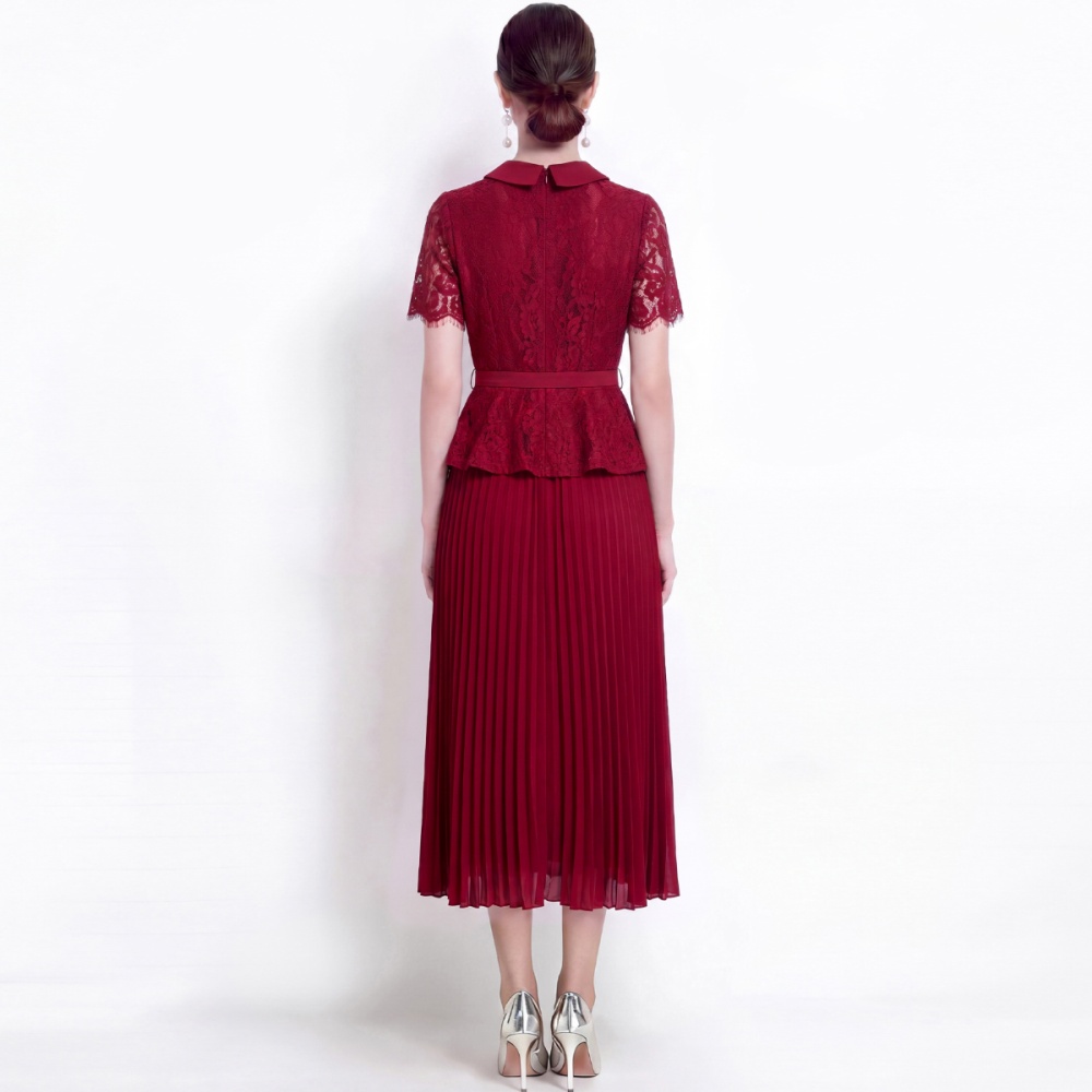 Pleated slim lapel France style with belt dress
