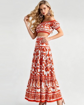Fashion wrapped chest tops horizontal collar skirt 2pcs set